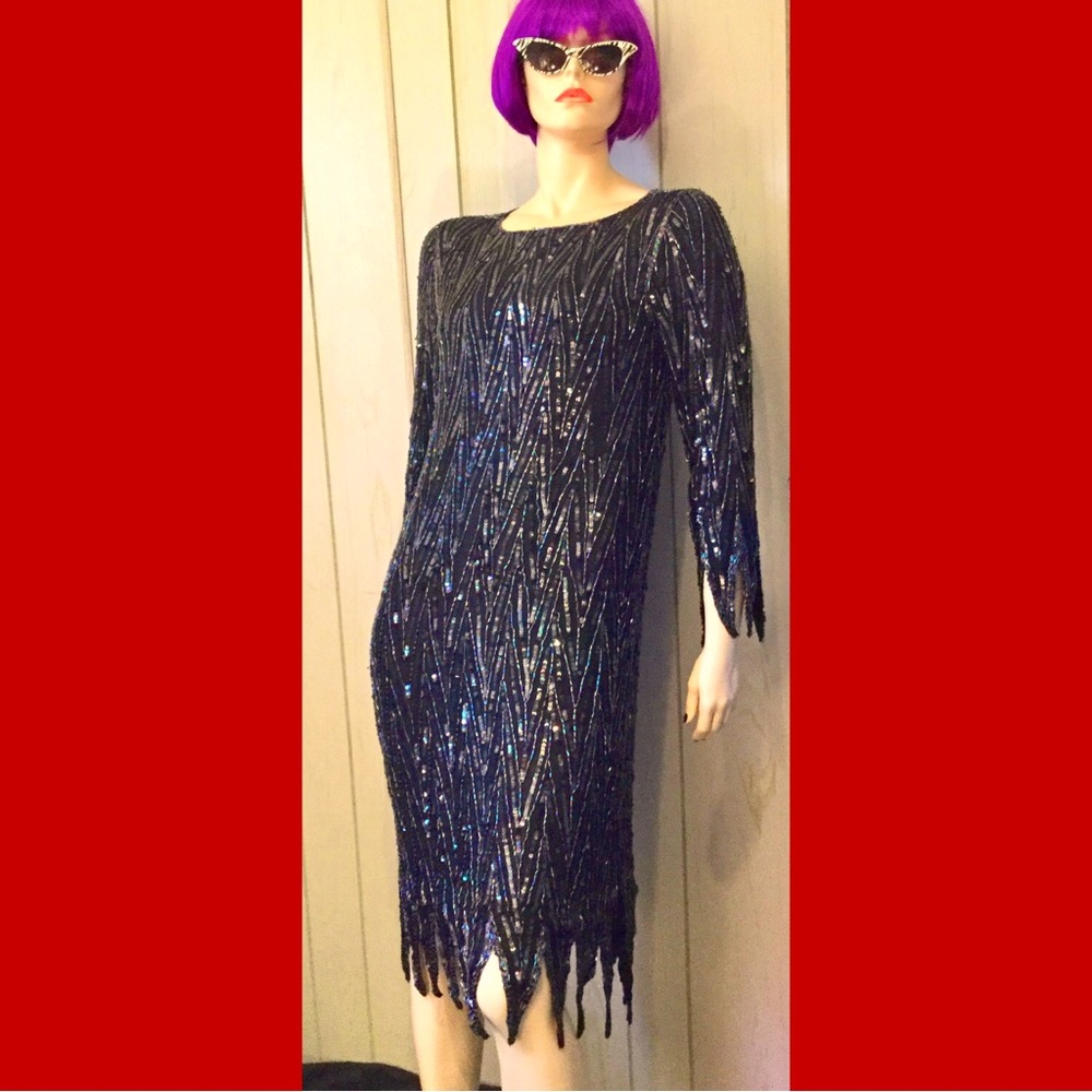 VTG 80s Glam Goddess FLAME HEM Sequin Beaded Silk Party Dress wOw!